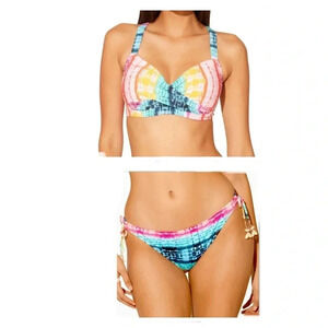 Bleu Rod Beattie Rainbow Tye Dye D-Cup Swim Top 38D Bottom Size 14